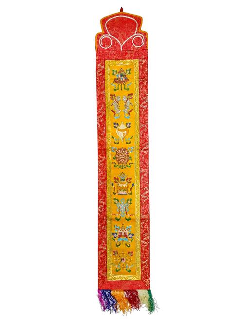 Tibetan Cochin Brocade Wall Hanging With Embroidered Ashtamangala