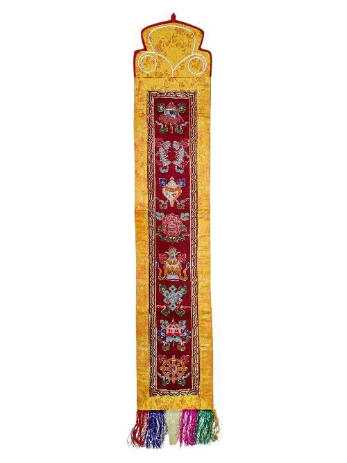 Tibetan Cochin Brocade Wall Hanging With Embroidered Ashtamangala