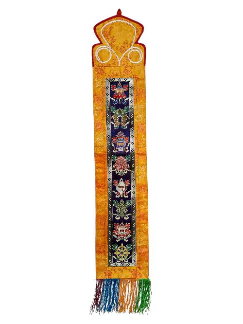 Tibetan Cochin Brocade Wall Hanging With Embroidered Ashtamangala