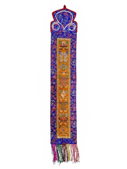 Tibetan Cochin Brocade Wall Hanging With Embroidered Ashtamangala