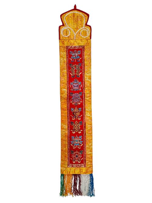 Tibetan Cochin Brocade Wall Hanging With Embroidered Ashtamangala