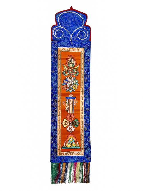 Tibetan Cochin Brocade Wall Hanging With Embroidered Double Dorje And Other Symbols