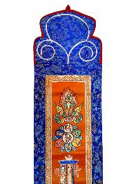 Tibetan Cochin Brocade Wall Hanging With Embroidered Double Dorje And Other Symbols