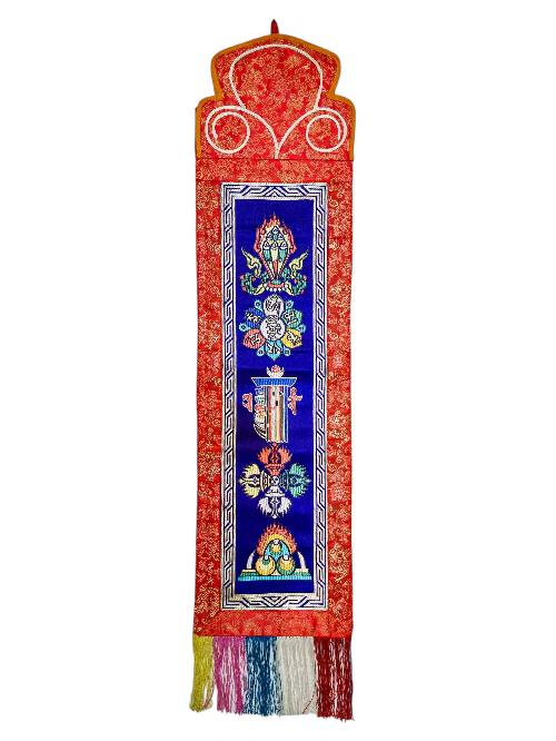 Tibetan Cochin Brocade Wall Hanging With Embroidered Double Dorje And Other Symbols