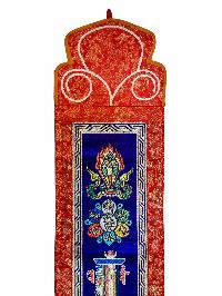 Tibetan Cochin Brocade Wall Hanging With Embroidered Double Dorje And Other Symbols