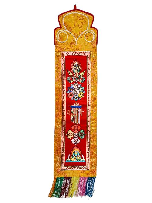 Tibetan Cochin Brocade Wall Hanging With Embroidered Double Dorje And Other Symbols