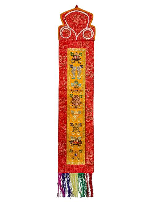 Tibetan Cochin Brocade Wall Hanging With Embroidered Ashtamangala