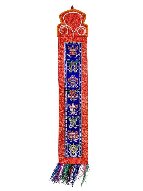 Tibetan Cochin Brocade Wall Hanging With Embroidered Ashtamangala