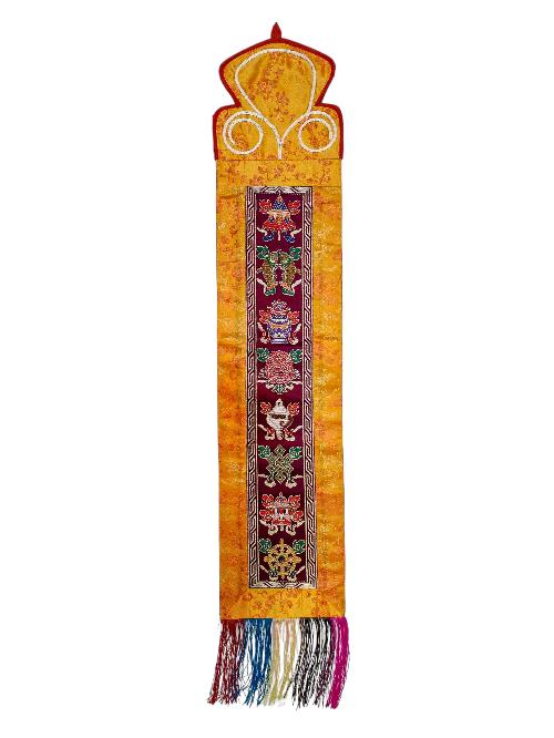 Tibetan Cochin Brocade Wall Hanging With Embroidered Ashtamangala