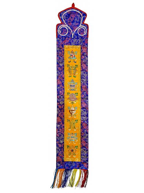 Tibetan Cochin Brocade Wall Hanging With Embroidered Ashtamangala