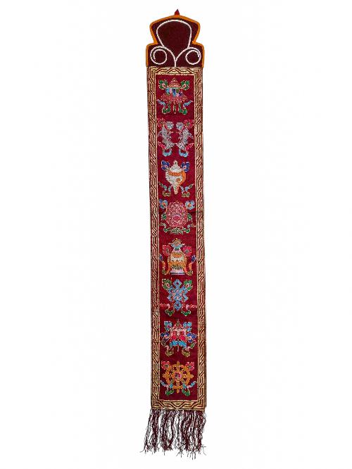 Tibetan Cochin Brocade Wall Hanging With Embroidered Ashtamangala