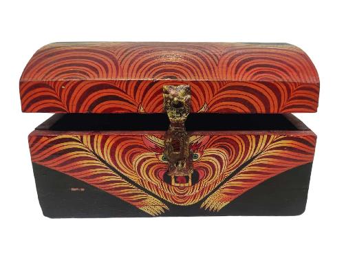 Tibetan Ritual Wooden Cheppu Box, Traditional Color Painted