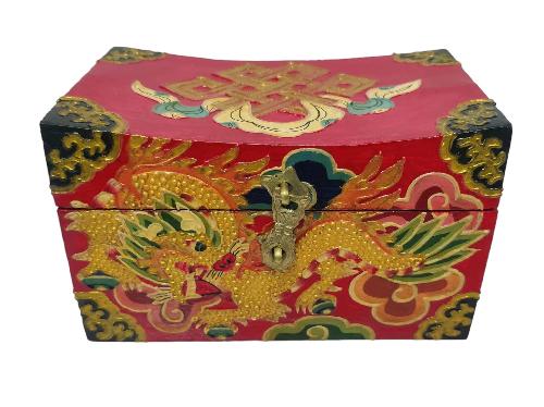 Tibetan Ritual Wooden Cheppu Box, Traditional Color Painted