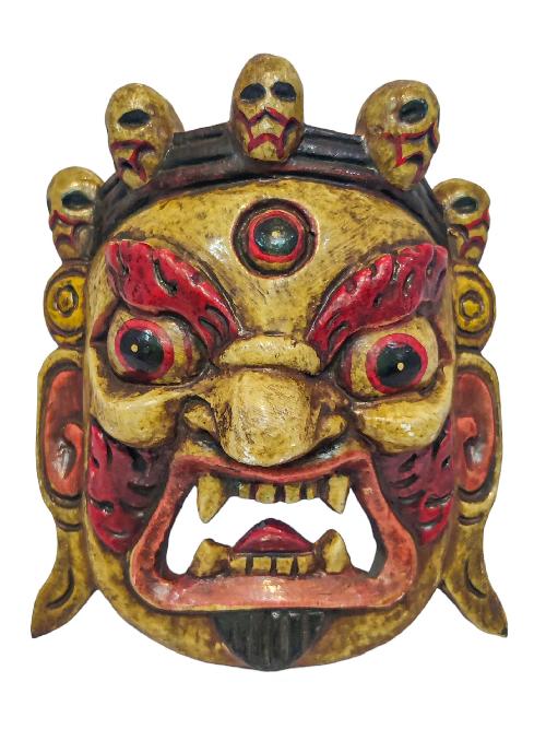 [bhairav], Handmade Wooden Mask, Wall Hanging, [painted White], Poplar Wood, Mahakala Two Arms