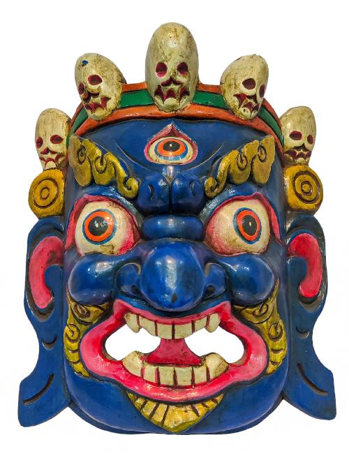 [bhairav], Handmade Wooden Mask, Wall Hanging, [painted White], Poplar Wood, Mahakala Two Arms