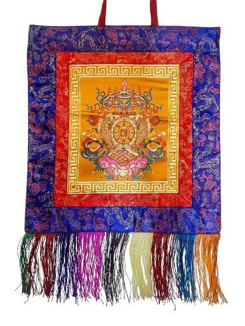 Tibetan Cochin Brocade Wall Hanging With Embroidered Kalas