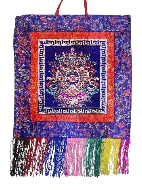 Tibetan Cochin Brocade Wall Hanging With Embroidered Kalas