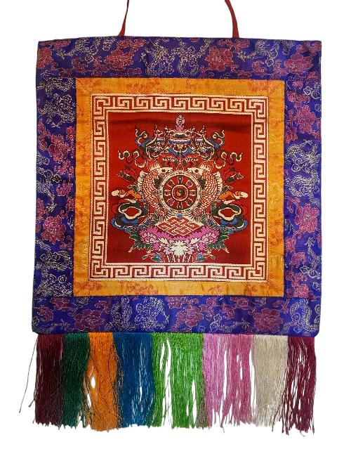 Tibetan Cochin Brocade Wall Hanging With Embroidered Kalas