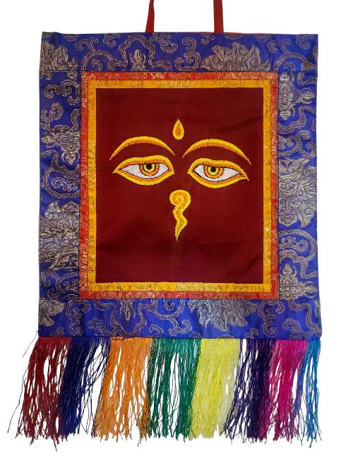 Tibetan Cochin Brocade Wall Hanging With Embroidered Buddha Eye