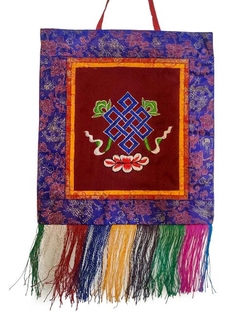 Tibetan Cochin Brocade Wall Hanging With Embroidered Endless Knot