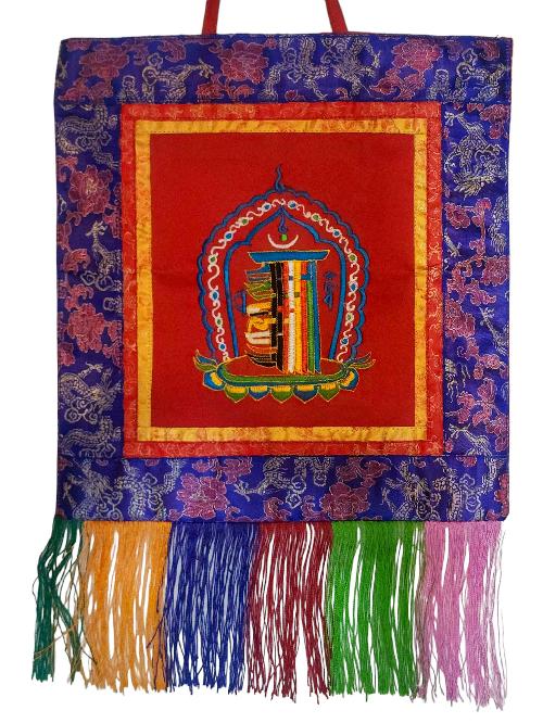 Tibetan Cochin Brocade Wall Hanging With Embroidered Kalachakra