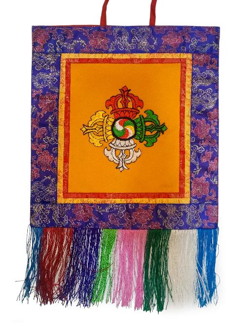 Tibetan Cochin Brocade Wall Hanging With Embroidered Dorje