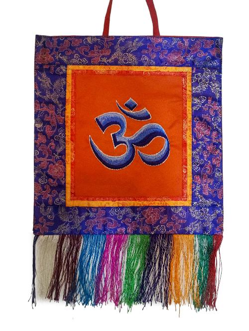 Tibetan Cochin Brocade Wall Hanging With Embroidered Om 