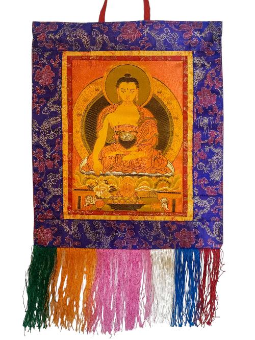 Tibetan Cochin Brocade Wall Hanging With Embroidered Shakyamuni Buddha