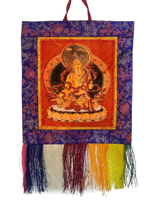 Tibetan Cochin Brocade Wall Hanging With Embroidered White Tara