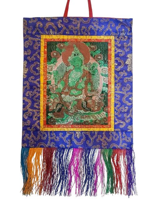 Tibetan Cochin Brocade Wall Hanging With Embroidered Green Tara