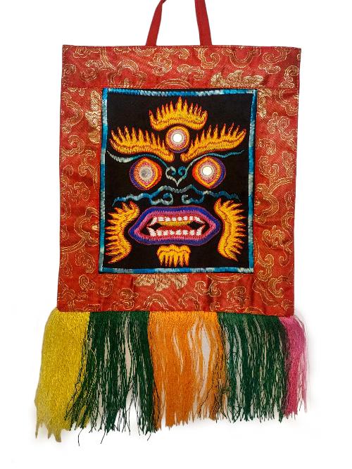 Tibetan Cochin Brocade Wall Hanging With Embroidered Bhairav