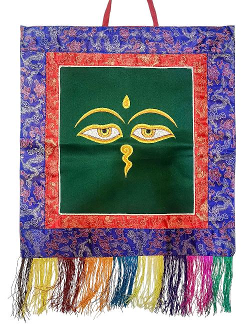 Tibetan Cochin Brocade Wall Hanging With Embroidered Buddha Eye