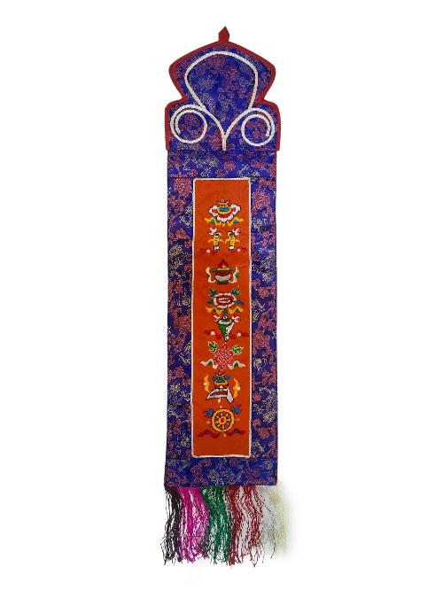 Tibetan Cochin Brocade Wall Hanging With Embroidered Ashtamangala