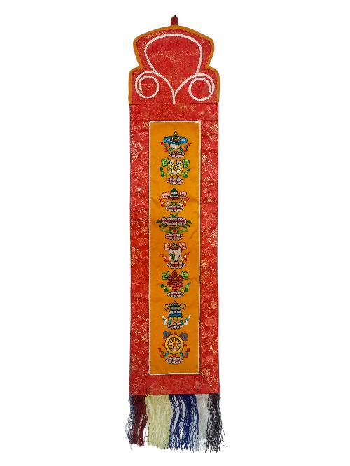 Tibetan Cochin Brocade Wall Hanging With Embroidered Ashtamangala