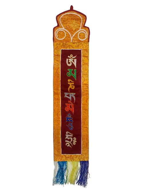 Tibetan Cochin Brocade Wall Hanging With Embroidered Om Mani Padme Hum