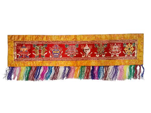 Tibetan Cochin Brocade Wall Hanging With Embroidered Ashtamangala