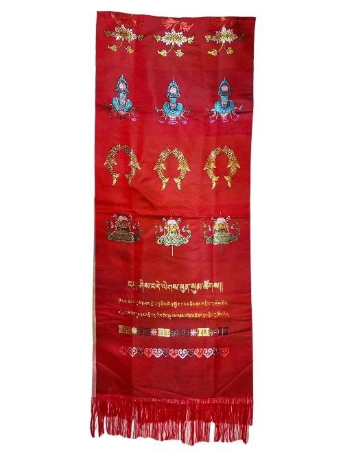 Tibetan Traditional Ceremonial Scarf Or [khada] With Embroidered Ashtamangala