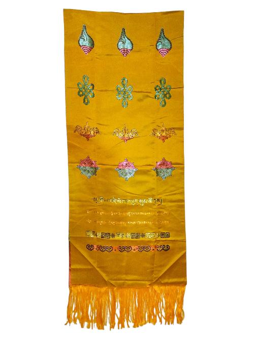 Tibetan Traditional Ceremonial Scarf Or [khada] With Embroidered Ashtamangala