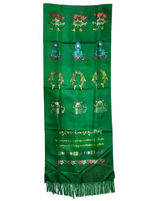 Tibetan Traditional Ceremonial Scarf Or [khada] With Embroidered Ashtamangala