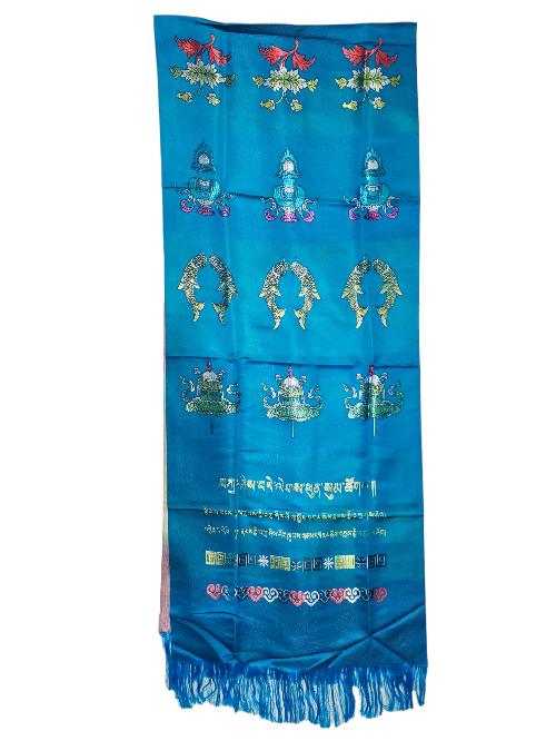 Tibetan Traditional Ceremonial Scarf Or [khada] With Embroidered Ashtamangala