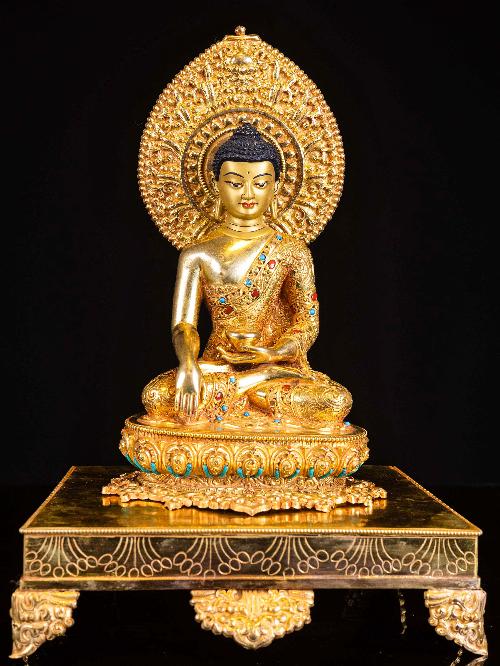 shakyamuni Buddha, Buddhist Handmade Statue, full Gold Plated, face Painted, stone Setting