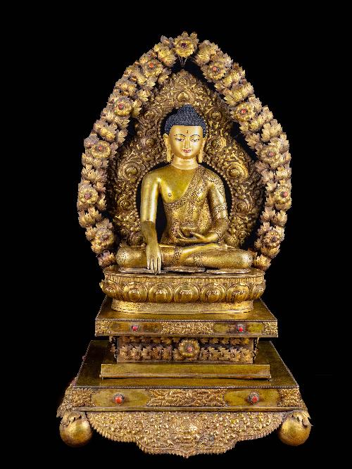 [shakyamuni Buddha], Buddhist Handmade Statue, [on Thorne], [full Gold Plated], [face Painted]