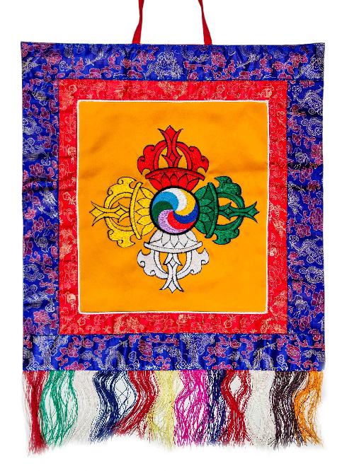 Tibetan Cochin Brocade Wall Hanging With Embroidered Double Dorje