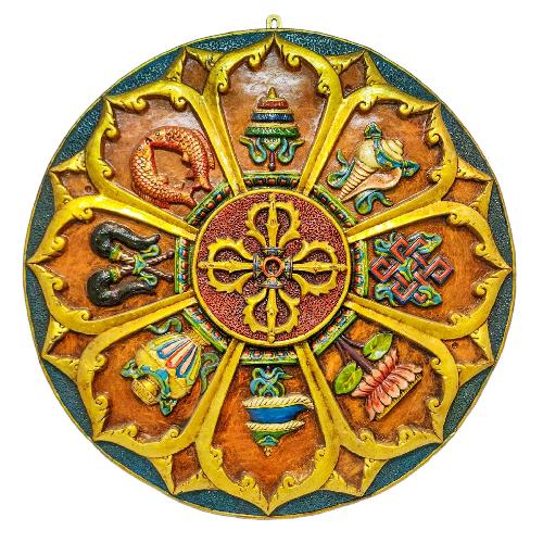 Wooden Wall Hanging, With Double Dorje And Ashtamangal, [painted], Hand Carved