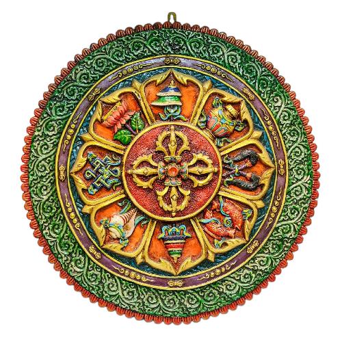 Wooden Wall Hanging, With Double Dorje And Ashtamangal, [painted], Hand Carved