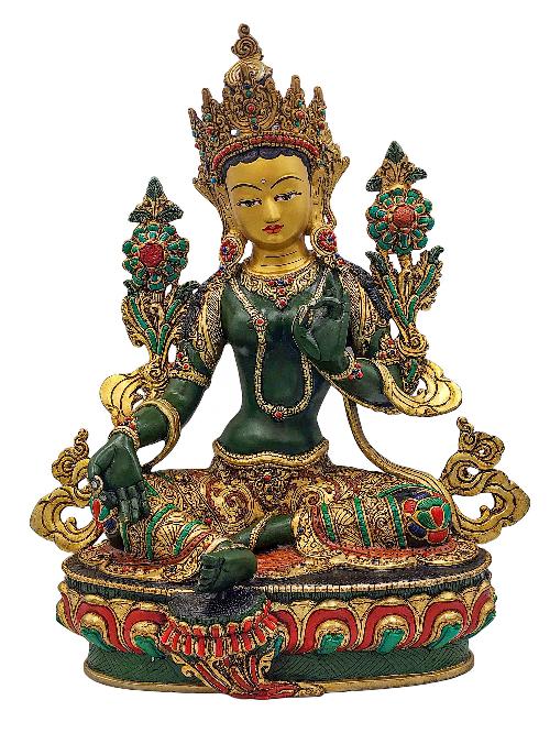 [green Tara], Buddhist Handmade Statue, [partly Gold Plated], [stone Setting, Face Painted] And [traditional Color Finishing]