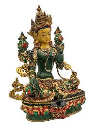 [green Tara], Buddhist Handmade Statue, [partly Gold Plated], [stone Setting, Face Painted] And [traditional Color Finishing]