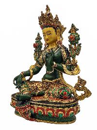 [green Tara], Buddhist Handmade Statue, [partly Gold Plated], [stone Setting, Face Painted] And [traditional Color Finishing]