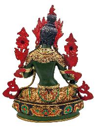 [green Tara], Buddhist Handmade Statue, [partly Gold Plated], [stone Setting, Face Painted] And [traditional Color Finishing]