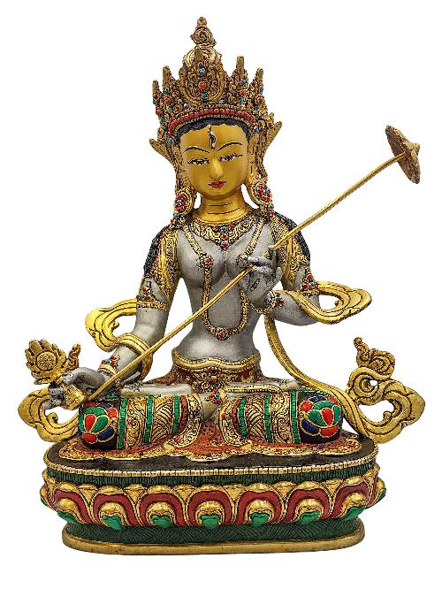 [sitatapatra], Buddhist Handmade Statue, [partly Gold Plated], [stone Setting, Face Painted] And [traditional Color Finishing]